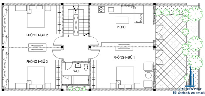 Không gian mặt bằng tầng 2 biệt thự 4 tầng 8x16m hiện đại