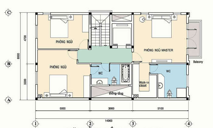 tham khảo mặt bằng tầng 3 biệt thứ 4 tầng kích thước 8x14m